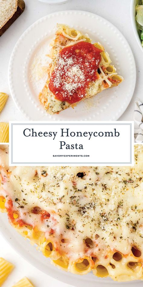 Honeycomb Pasta is a Ziti smothered in marinara and cheese, but in cake form! Serve with a side of Italian sausage or meatballs. Honeycomb Pasta, Crockpot Pasta Recipes, Crockpot Pasta, Pasta Cake, Dinner Favorites, Cake Form, Vegetarian Bake, Best Pasta Recipes, Yummy Pasta Recipes