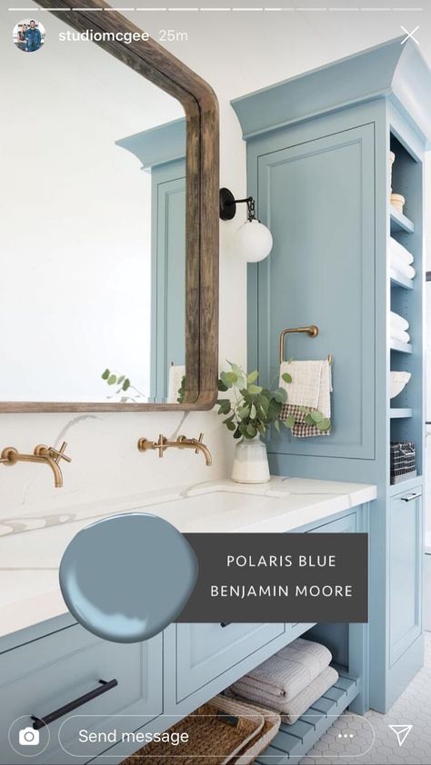 Best Blue Vanity Colors, Bathroom Vanity Colors Blue, Polaris Blue Benjamin Moore Bathroom, Benjamin Moore Polaris Blue Cabinets, Powder Blue Cabinets Bathroom, Master Bath Colors Paint, Coastal Cottage Bedroom Cape Cod, Coordinating Wall Colors, Polaris Blue Benjamin Moore Cabinets