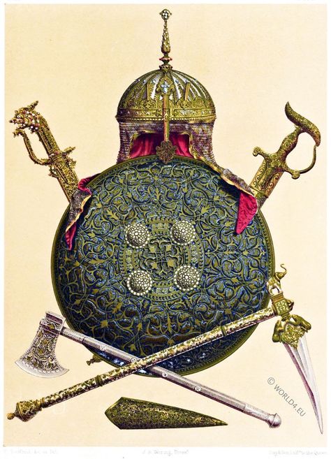 Mughal Empire. Indian Helmet, shield and swords. The Proberty of the East India Company. Battle axe and Martel with Sheath. The post Metallic Art. Weapons and armament from India, 17th c. appeared first on World4Costume. Mughal Miniature Paintings, Metallic Art, Mughal Art Paintings, Illustrated Manuscript, Famous Pictures, Mughal Paintings, Art Of Manliness, Mughal Empire, East India Company