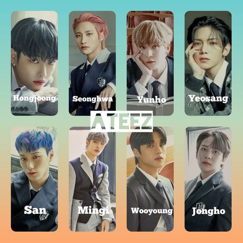 Names of the ATEEZ members Ateez Group Photo Names, Ateez Names And Faces, Kpop Groups Together, Straykids Members Names, Ateez Guide, Exo Members Names, Kpop Members Names, Ateez All Members, Seventeen Group Photo With Names