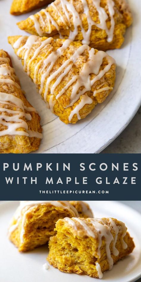 Sweet, fluffy, and flavorful pumpkin scones topped with maple glaze. Vegan Pumpkin Scones, Pumpkin Scones Recipe, Vegan Scones, Cozy Breakfast, Pumpkin Scones, Pumpkin Spice Syrup, Fall Recipe, Fall Breakfast, Maple Glaze