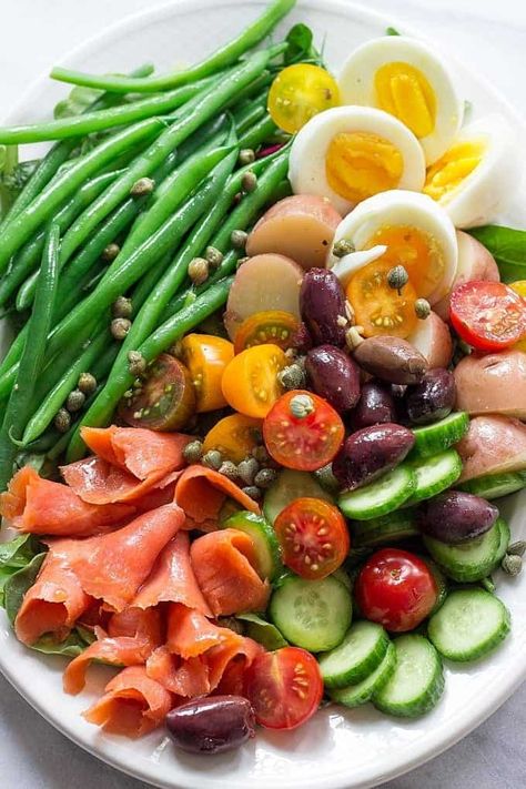 Smoked Salmon Nicoise Salad - Lavender & Macarons Anchovy Vinaigrette, Salmon Nicoise, Salmon Nicoise Salad, Salad Nicoise, Anchovy Recipes, Eggs Potatoes, Lavender Macarons, Smoked Salmon Salad, Garlic Butter Salmon