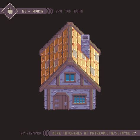 Tutorial - 57 - House | Slynyrd on Patreon Pixel Art Building 2d, Pixel House Art, Top Down Character, Pixel Art House, Top Down Pixel Art, Pixel House, 2d Rpg, Top Down Game, Character Sprites