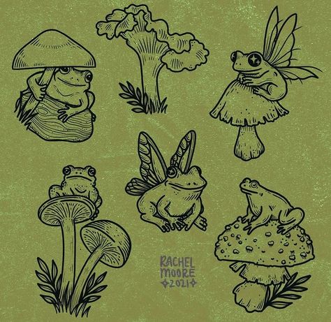 Mushroom Fairy Frog Tattoo, Frog Under Mushroom Drawing, Grunge Frog Drawing, Frog Art Tattoo, Mushroom With Frog Tattoo, Frog On Toadstool Tattoo, Frog With Mushroom Tattoo, Frog And Snail Tattoo, Mushroom Oc Art