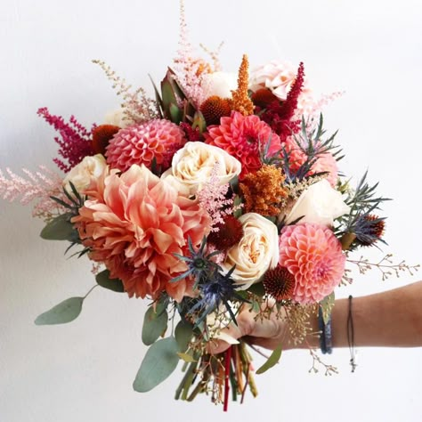 Autumn Dahlia, Astilbe Bouquet, Dahlia Bridal Bouquet, Pink Astilbe, Dahlia Wedding Bouquets, September Wedding Flowers, Dahlias Wedding, Shades Of Coral, Dahlia Bouquet