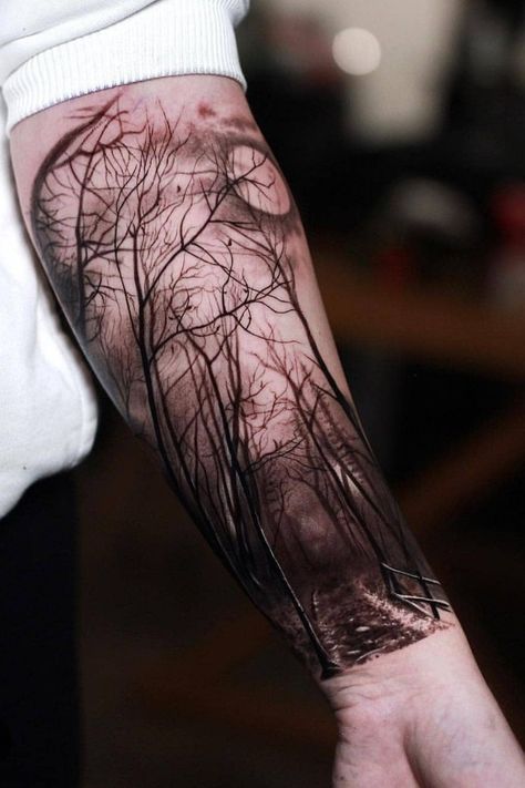 Woodsy Tattoos For Women, Forest Tattoo Sleeve, Forest Forearm Tattoo, Natur Tattoo Arm, Tree Sleeve Tattoo, Rabe Tattoo, Mangas Tattoo, Nature Tattoo Sleeve, Wolf Tattoo Sleeve