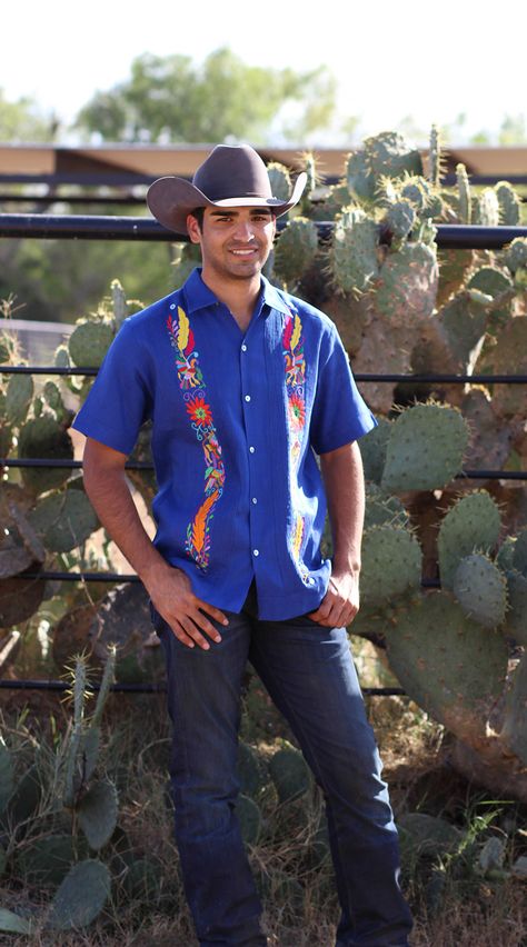 Mens Royal Blue with Otomi Embroidery Guayerabera - Nativa Fine Mexican Clothing Mexican Theme Party Outfit, Guayabera Outfit, Mexican Outfits, Mexico Vacation Outfits, Outfits For Guys, Otomi Embroidery, Party Outfit Men, Mexican Theme, Mexican Party Theme