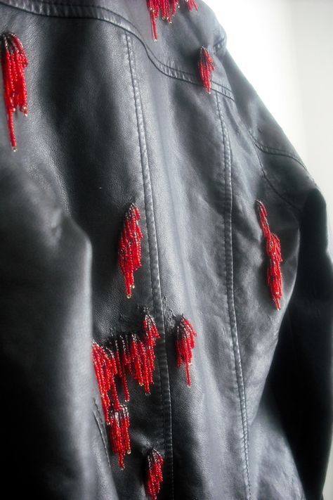 fix up old pleather jacket, repair peeling fake leather clothing, seed bead fringe, beaded jacket Beaded Leather Jacket, Diy Leather Jacket Refashion, Patched Leather Jacket, Upcycling Leather Jacket, Upcycle Leather Jacket Diy Ideas, Leather Jacket Upcycle, Leather Jacket Repair, Diy Leather Jacket, Upcycled Leather Jacket