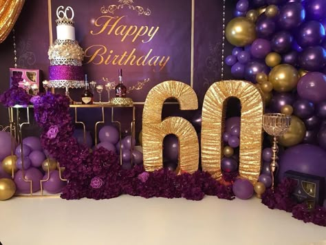 Purple And Gold 30th Birthday Party, 60th Birthday Ideas For Mom Purple And Gold, 60th Birthday Purple And Gold, Purple 60th Birthday Decorations, 40th Birthday Dessert Ideas, 60 Shades Of Purple Party, Purple 80th Birthday Party Ideas, Purple Gold White Birthday Party, 60th Birthday Ideas For Mom Purple