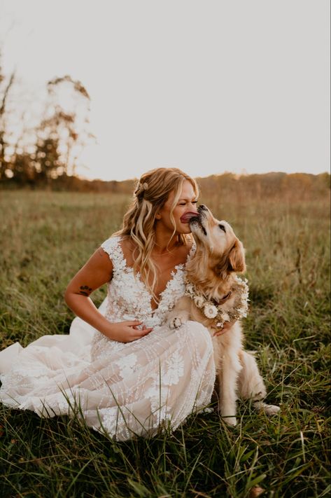 Bridals With Dog, Dog In Wedding Ceremony, Wedding Poses With Dog, Wedding Dog Photos, Golden Retriever Flower Girl, Wedding Pictures With Dogs, Loki Wedding, Dog Wedding Pictures, Bride And Dog