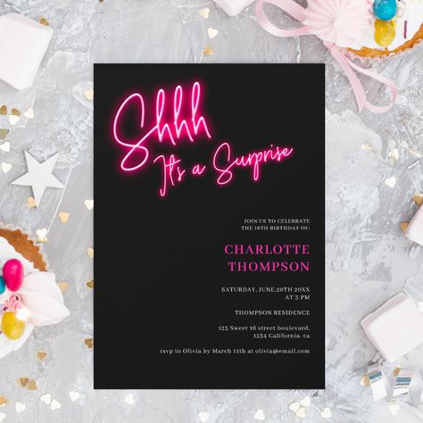 Modern Birthday Party, 16 Invitations, Surprise Birthday Invitations, 70th Birthday Invitations, Teenager Birthday, Neon Birthday, 16th Birthday Invitations, Modern Birthday, Sweet 16 Gifts