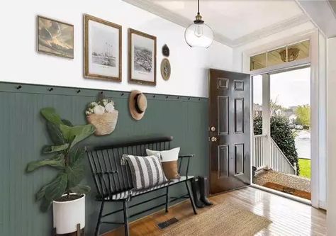 Green And Black Entryway, Entry Wall Color Ideas, Foyer Paint Color Ideas Entryway, Breezeway Entry, Entry Wall Decor Ideas, Entryway Wall Ideas, Entryway Update, Entryway Green, Green Entryway