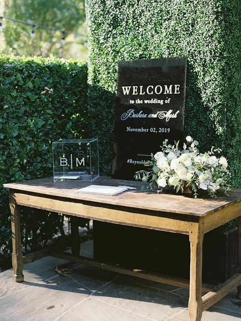 Simple Elegant Wedding Ceremony Decor, Wedding Welcome Table, Wedding Guest Book Table, Wedding Guest Table, Gift Table Wedding, Black And White Wedding Theme, Welcome Table, Napa Valley Wedding, White Wedding Theme