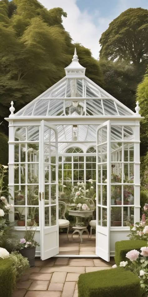 11 Elegant Greenhouse Ideas for Stylish Plant Enthusiasts - Peak Patio Life Victorian Backyard, White Greenhouse, Edwardian Garden, Tropical Greenhouses, Greenhouse Conservatory, Victorian Greenhouses, Victorian Greenhouse, Houses Garden, Dome Greenhouse