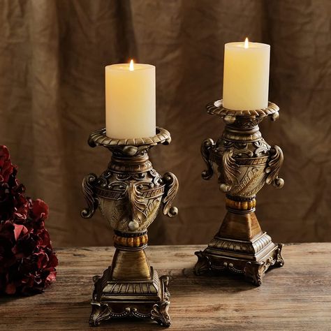 Gold Vintage Candle Holders Set of 2-11'' H Candlestick Candle Holder Stand, Hand Carved Decor for Fireplace/Table Centerpiece/Rustic/Farmhouse-Best Gift Fireplace Candlesticks, Decor For Fireplace, Fireplace Table, Farmhouse Candle Holders, Candle Table Centerpieces, Farmhouse Candle, Vintage Candle Holder, Candle Arrangements, Farmhouse Candles