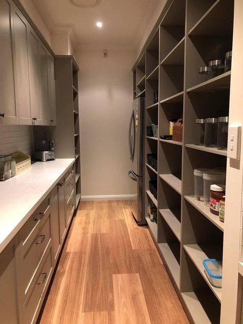 Uk Pantry, Walk In Pantry With Closed Cabinets, Extra Refrigerator In Pantry, Kaboodle Pantry, Walk In Pantry Ideas Layout With Freezer, Butlers Pantry Shelving Ideas, Pantry With Full Size Fridge, Backstock Pantry, Butler Pantry With Fridge