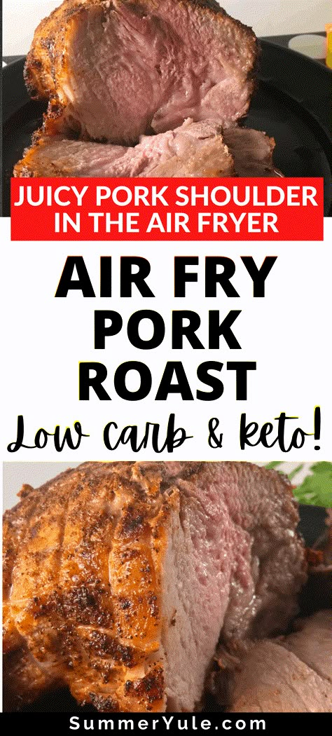 Can you air fry pork roast? Yes! You can make air fryer roast pork that is tender and delicious, with a crispy sear on the outside. This air fryer pork roast recipe uses pork shoulder, and is a much faster method than slow cooking. Learn what is the best temperature to cook pork roast, side dishes for roast pork shoulder, and more! #healthyrecipes #pork #roast #airfryer #lowcarb #keto #glutenfree #lchf Pork Sirloin Roast Air Fryer, Pork Tip Roast Recipes, Air Fryer Roast Recipes, Air Fry Pork Roast, Ninja Pork Roast, Air Fryer Pork Roast Bone In, Airfryer Pork Roast, Pork Roast Shoulder Recipes, Keto Pork Shoulder Recipes