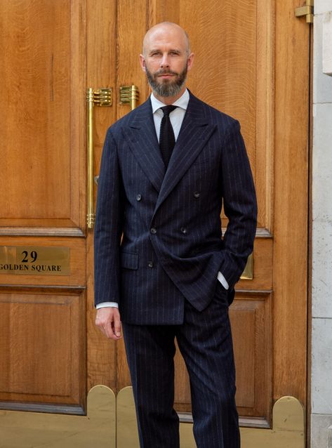 Reviving the navy chalk-stripe suit: Ciardi DB in Fox collab cloth – Permanent Style Chalk Stripe Suit, 3 Button Suit, Smart Attire, Navy Suits, Stripe Suit, Flannel Suit, Mens Outfit Inspiration, Navy Suit, Cocktail Attire