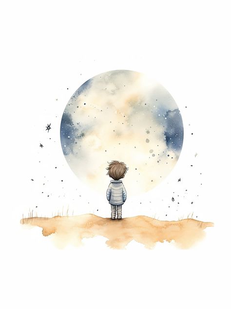 "This digital artwork featuring a boy looking at a full moon adds a touch of magic to any children's nursery. Embrace the serenity and get sleepy. !This listing is for a digital download and no physical product will be shipped! YOUR PURCHASE INCLUDES A PDF file containing a link to high-resolution 300-dpi JPG files in the following aspect ratio: 2:3 | 3:4 | 4:5 | ISO A0 | & Print Size: 11x14 HIGH RESOLUTION FILES (JPG - 300 DPI) : - 2:3 Aspect Ratio (JPG), suitable printing sizes: 24x36\" | 60x9 Outer Space Watercolor, Painting Of Moon, Moon Watercolor Painting, Watercolor Nursery Art, Boy Nursery Wall Art, Nursery Art Wall, Moon Watercolor, Nursery Wall Art Boy, Bel Art