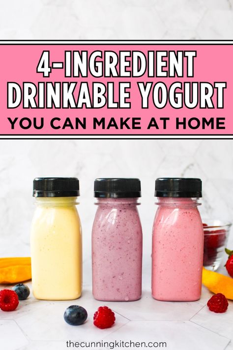 Tired of overpaying for store-bought yogurt drinks? This DIY drinkable yogurt recipe is easy to make, cheaper than store-bought, and made with just 4 simple ingredients like milk, Greek yogurt and real fresh or frozen fruit. This simple snack is easy to make, and can be made with a variety of different fruits, like strawberry, mango or blueberry. Drink it for breakfast or pack it in your child's lunchbox for a burst of fiber, calcium and good bacteria! Save this homemade drinkable yogurt recipe for the next time you're looking for a healthy school snack idea you can give to your kids. This healthy recipe is perfect for home, for school or on the go.  drinkable yogurt recipes | homemade drinkable yogurt recipes | kid snack ideas | fun | healthy school lunch Diy Drinkable Yogurt, Drinkable Yogurt For Kids, Diy Gogurts, Homemade Drinkable Yogurt, Drinkable Yogurt Recipes, Yogurt Pouch Recipes, Vanilla Greek Yogurt Recipes, Yogurt Recipes Homemade, Yogurt Prep