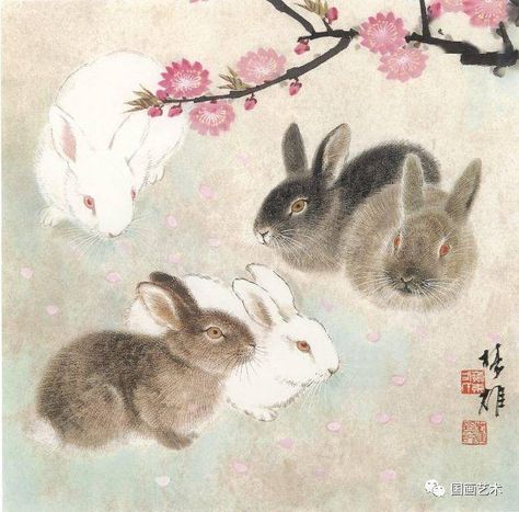 Chinese Rabbit Art, Japanese Rabbit, Hare Painting, Japanese Animals, Bunny Poster, Chinese Prints, Korean Painting, Rabbit Painting, Asian Painting