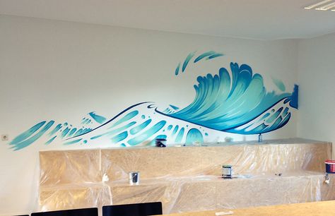 Veneficus Wave Mural on Behance Wave Mural, Being Controlled, Beach Crafts Diy, The Big Wave, Window Mural, Office Mural, Wall Murals Diy, Van Wall, Wall Art Diy Paint