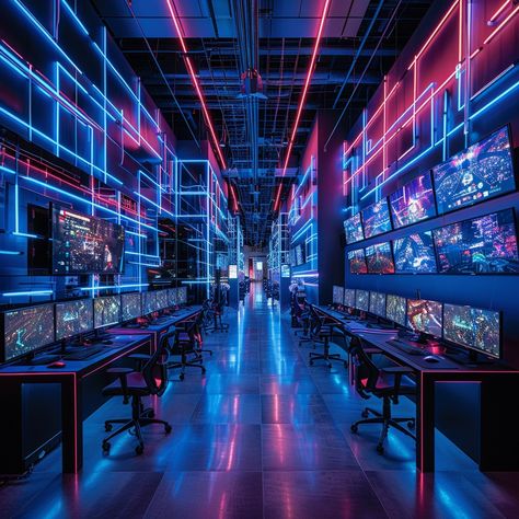 Futuristic Control Room: A high-tech control room illuminated by blue and red neon lights with multiple monitoring screens. #technology #neon #control room #blue #red #aiart #aiphoto #stockcake ⬇️ Download and 📝 Prompt 👉 https://ayr.app/l/ua5L Red Neon Lights, Interesting Backgrounds, Control Room, Red Neon, Room Blue, Neon Aesthetic, Neon Lights, Meeting Room, Creative Words