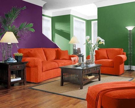 This is a triadic color scheme. Orange, purple and green should NOT be used together EVER! Triad Colour Scheme, Triadic Colour Scheme, Color Wheel Interior Design, Triadic Colors, Triadic Color Scheme, Triad Color Scheme, Split Complementary Color Scheme, Purple Interior Design, Color Journal