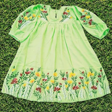 Hand painted baby dress Hand Painted Baby Frock, Hand Painting Kids, Eid Photography, Embroidered Sheets, Painting Dress, Frocks For Kids, Fabric Painting Techniques, Hand Painted Dress, Dress Painting