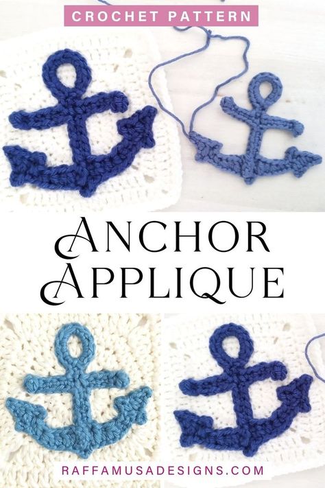 a collage of a few crochet anchor appliques Crochet Beach Appliques, Crochet Nautical Applique Free Pattern, Anchor Granny Square Crochet, Anchor Crochet Pattern Free, Nautical Granny Square Crochet, Crochet Anchor Pattern Free, Beach Granny Square, Anchor Amigurumi, Crochet Anchor Applique