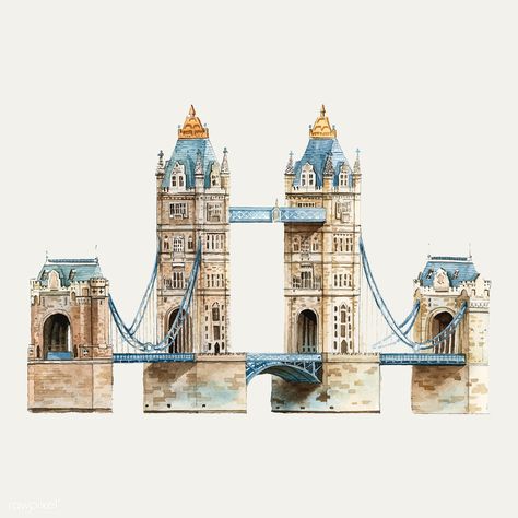 London Bridge Illustration, Tower Bridge London Drawing, Tower Of London Drawing, Tower Bridge Drawing, London Bridge Drawing, Golden Gate Bridge Painting, London Watercolor, Bridge Watercolor, London Tourist Attractions