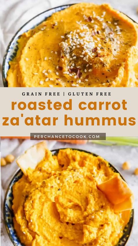 Flavorful Vegan, Grain-free, & Dairy-free Roasted Carrot Za’atar Hummus. Carrot Hummus Recipe No Tahini, Pretty Appetizers, Carrot Hummus Recipe, Roasted Carrot Hummus, Zatar Recipes, Carrots Roasted, Carrot Hummus, Carrot Dip, Spicy Carrots