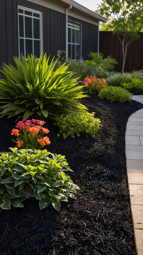 Black Mulch Backyard Landscaping Ideas for Your Home - Shark Printables Landscaping For White And Black House, Bark Landscaping Ideas, Black Mulch Ideas, Black Mulch Landscaping Front Yards, Mulch Landscaping Ideas Front Yard, Mulch Backyard, Black Mulch Landscaping, Mulch Landscaping Ideas, Mulch Ideas