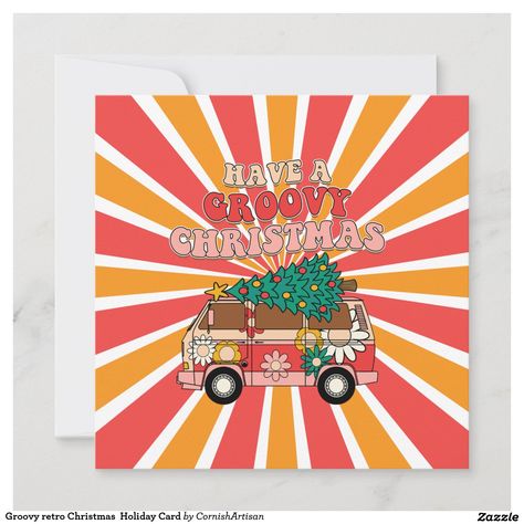 Groovy retro Christmas, with hippie van and tree Christmas Pinata, Retro Pink Christmas, Pink Christmas Aesthetic, Hippie Christmas, Christmas Bakery, 70s Clothes, Groovy Christmas, 1970s Design, Christmas Cards Ideas