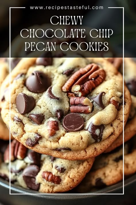 These Chewy Chocolate Chip Pecan Cookies are a delightful blend of rich chocolate and crunchy pecans, creating a perfect treat for any cookie lover. With a soft and chewy texture, these cookies are perfect for sharing or enjoying on your own. Chocolate Pecans Recipe, Family Cooking Recipes, Cookies 2023, Desserts With Chocolate Chips, Cookie Recipes Chewy, Chocolate Chip Pecan Cookies, Cookies Cupcake, Cinnamon Roll Cookies, Cookies Party