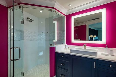 Navy Blue Vanity, Primary Bathroom Ideas, Magenta Walls, Floating Sink, Vessel Sink Vanity, Black Granite Countertops, Condo Remodel, Corner Tub, Deep Soaking Tub