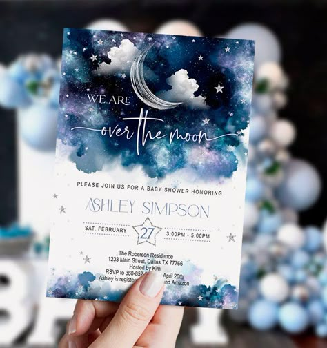 Night Sky Themed Baby Shower, We Are Over The Moon Invitation, Space Shower Theme, Were Over The Moon Baby Shower Ideas, Galaxy Gender Reveal, We’re Over The Moon Baby Shower Ideas, We’re Over The Moon Baby Shower Theme, Starry Baby Shower Theme, Baby Shower Celestial Theme