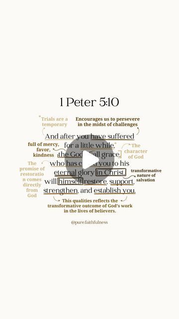 Bible Study & Journaling on Instagram: "↓ READ CAPTION  1 Peter 5:10  This verse is a message of hope and encouragement. It acknowledges the reality of suffering but emphasizes the idea that it is temporary. The „God of all grace“ is portrayed as the one who calls us to eternal glory through our connection with Christ. The phrase „after you have suffered a little while“ suggests that suffering is a part of the human experience but is not without purpose.  The promise of restoration, strength, firmness, and steadfastness is a reminder that God’s grace is sufficient to bring us through difficulties. The verse encourages perseverance and trust in God’s ultimate plan for those who endure challenges in their faith journey.🤍  ⇧ Be sure to follow @pure.faithfulness for daily Bible studies & Bibl 1peter 5 10, 1 Peter 5 10, Peter 5 10, Read Caption, 1 Peter 5, Trust In God, Faith Journey, The Human Experience, Bible Study Journal