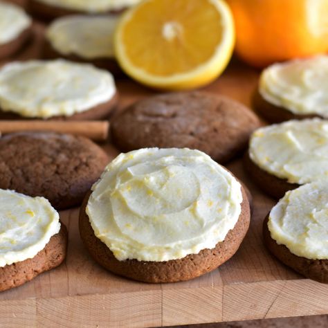 Gingerbread Cookies with Orange Buttercream Frosting Orange Buttercream Frosting, Soft Ginger Cookies, Dessert Recipes Cookies, Orange Cream Cheese, Orange Buttercream, Orange Frosting, Ginger Bread Cookies Recipe, Spice Cake Mix, Ginger Cookies