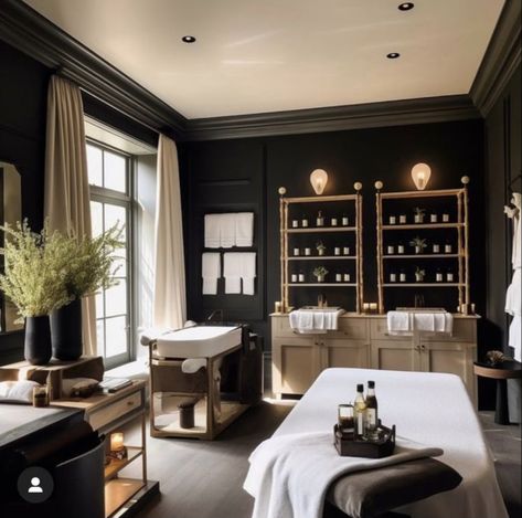 Black And Wood Esthetics, Black Wall Spa Room, Black Massage Room Ideas, Esthetic Studio Decor, Black Spa Aesthetic, Medical Spa Rooms, Black Spa Decor, Dark And Moody Massage Room, Dark Moody Spa Room