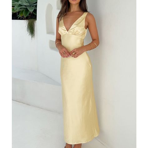 Modest Yellow Dress, Formal Ideas, Hot Wedding, Prom Midi Dress, Mismatched Bridesmaids, Yellow Satin, Dream Dresses, Guest Attire, School Dance