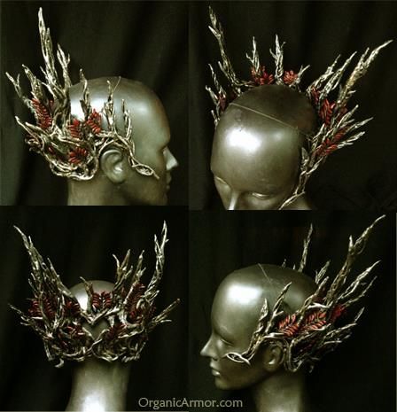 We finished the crown of Thranduil (Elven king of the Woodland Realm in the Hobbit). The branch points are painted silver and white gold with tiny red leaves intertwined. Figuring out how to keep it on the head was tricky. It has memory wire in the base and hidden loops to tie it over the top.: Thranduil Crown, Organic Armor, Pola Rok, Thranduil, Fantasy Costumes, Fantasy Jewelry, Tiaras And Crowns, Fantasy Clothing, Fantasy Fashion