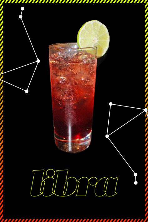 If you're a Libra, you take pride in your fair and stable personality. You also have a great eye for the sophisticated, refined, and trendy. To match your persona, offset the tartness of lime juice with the sweetness of blueberry juice, and the bite of vodka with a refreshing splash of ginger beer. In other words, this drink will be just as poised as you are. Directions: In a shaker combine: · 1.5 oz vodka · .5 oz blueberry juice  · .5 oz lime juice · .5 oz simple syrup Mix all ingredients and pour into ice highball glass. Top off with ginger beer and garnish with a lime wheel.   - Redbook.com Libra Alcohol Drink, Zodiac Cocktails, Spicy Cocktail, Ginger Slice, Blueberry Juice, Orange Twist, Themed Drinks, Perfect Cocktails, Highball Glass