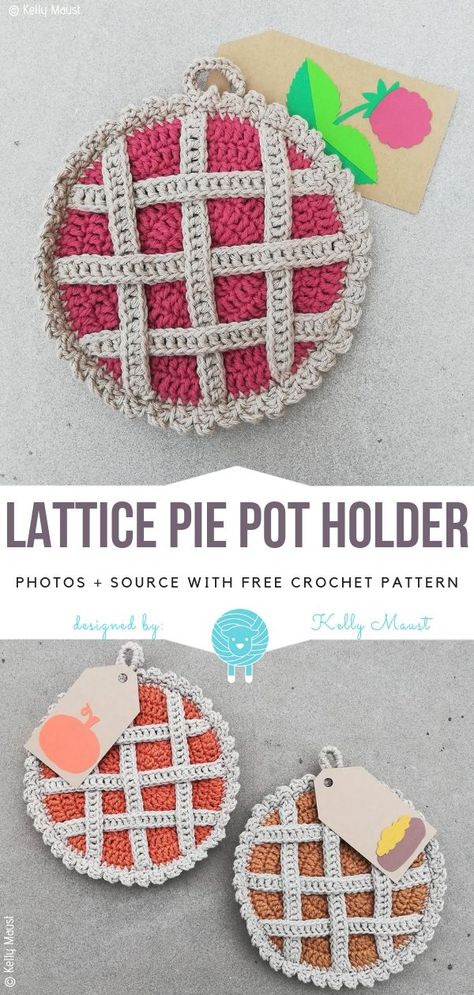 Lattice Pie Pot Holder Free Crochet Pattern #crochet #crochetpattern Crochet Berry Pie Pot Holder, Crochet Pie Potholder, Crochet Pot Holders Free Pattern Easy, Pie Pot Holder, Popular Crochet Patterns, Lattice Pie, Crochet Pot Holders Free Pattern, Crochet Potholder Patterns, Crochet Coasters Free Pattern