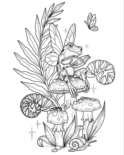 Floral And Mushroom Tattoo, Magical Tree Tattoo, Mythical Forest Drawing, Mushroom Book Tattoo, Tattoo Ideas Female Mushroom, Enchanted Forest Tattoo Ideas, Gnome Tattoos For Women, Mushroom Patch Tattoo, Small Filler Tattoos For Women