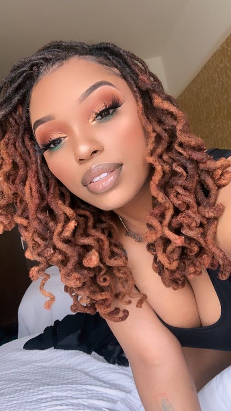 2 Braids Locs Styles, Colored Loc Tips Black Women, Rose Gold Locs Black Women, Summer Loc Colors, Highlight Locs Black Women, Loc Color Ideas Black Women Ombre, Curly Dreads Dreadlocks Black Women, Two Tone Locs Black Women, Down Loc Styles For Women