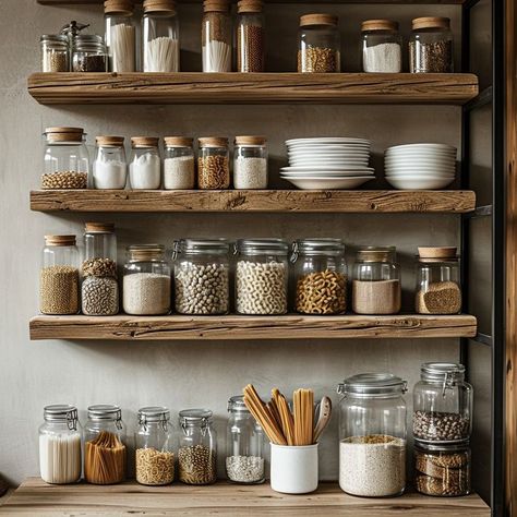 Rustic kitchen organization with glass jars filled with dried goods on wooden shelves, creating a cozy and inviting culinary environment. Kitchen Shelves Jars, Jar Organization Kitchen, Spice Shelf Ideas, Kitchen Shelf Organization, Jar Organization, Wood Kitchen Decor, Kitchen Countertop Decor, Kitchen Shelves Organization, Kitchen Organization Ideas