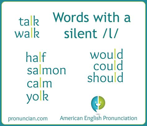 English words with a silent /l/ include: talk, walk, half, salmon, calm, yolk, would, could, and should. Click for audio. Pure Vowels, Esl Phonics, American English Words, Beat Making, American Words, Phonics For Kids, English Articles, Phonics Rules, Teaching Spelling