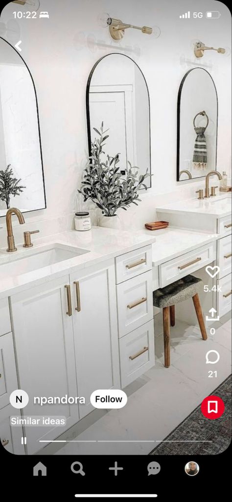 Bathroom Mixed Metals, Black Fixtures Bathroom, Gold Hardware Bathroom, Black Hardware Bathroom, White Cabinets Black Hardware, Modern Farmhouse Master Bath, Arch Mirror Bathroom, Gold Bathroom Fixtures, Arched Mirrors