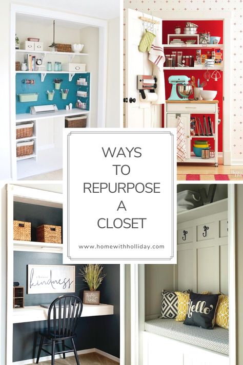 Ways to Repurpose a Closet - Home with Holliday Repurposed Small Closet, What To Do With Closet Space, Change Closet Into Something Else, Closet Wasted Space, Closet To Shelf Conversion, Alternative Use For Closet, Closet Turned Into Buffet, Closet Into Tv Space, Closet Reuse Ideas